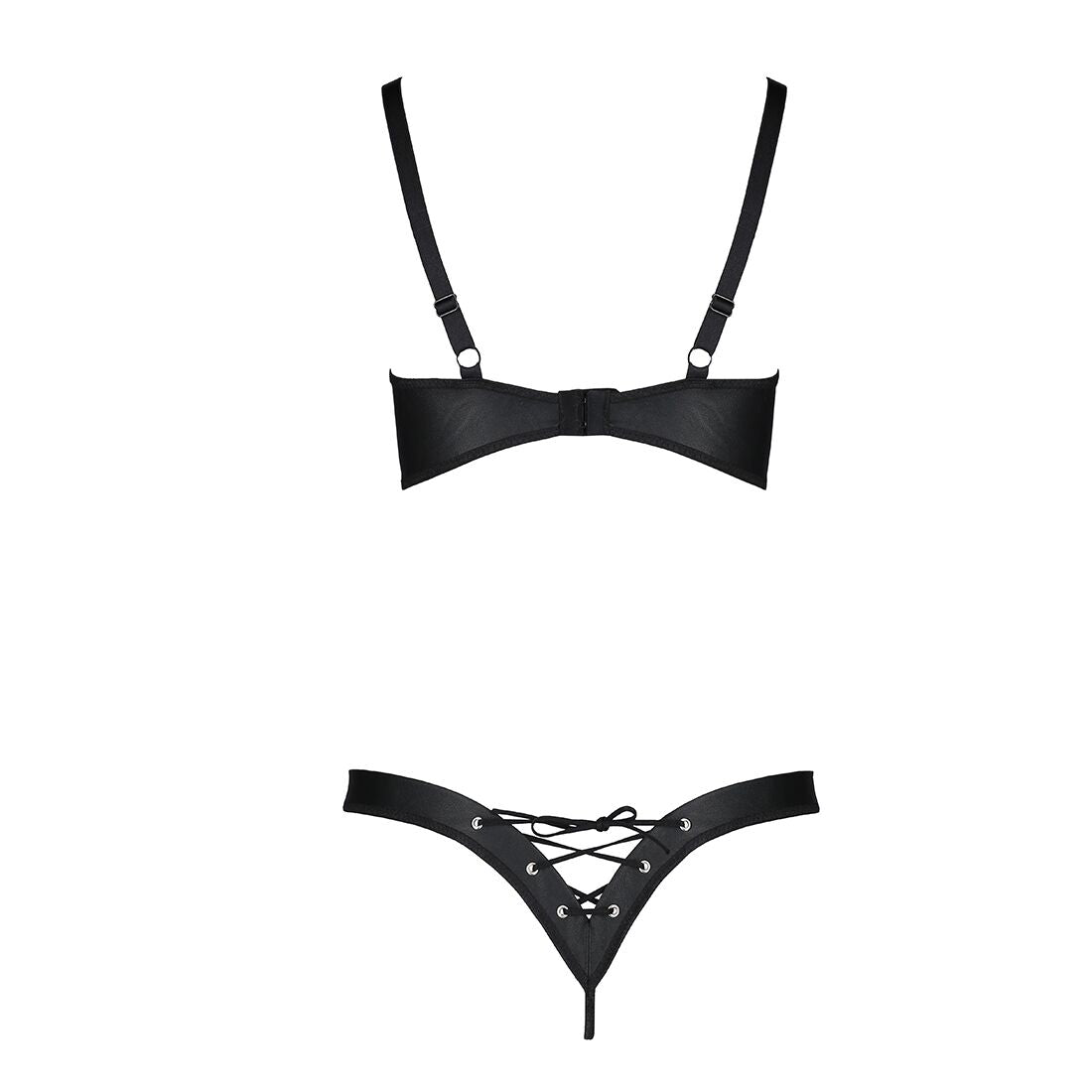 Passion (Польща) Комплект з екошкіри Passion CELINE BIKINI S/M black відкритий бра зі стрічками, стрінги зі шнурівкою