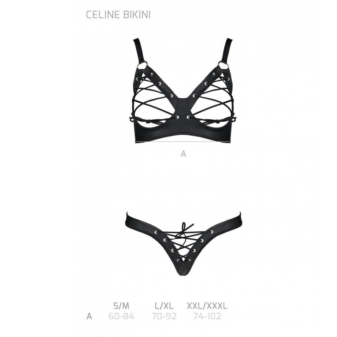 Passion (Польща) Комплект з екошкіри Passion CELINE BIKINI S/M black відкритий бра зі стрічками, стрінги зі шнурівкою