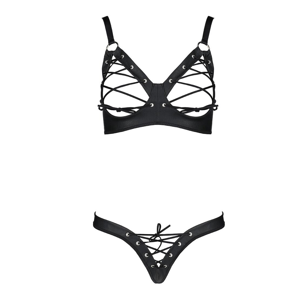 Passion (Польща) Комплект з екошкіри Passion CELINE BIKINI S/M black відкритий бра зі стрічками, стрінги зі шнурівкою