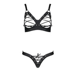 Комплект Passion CELINE BIKINI 2XL/3XL black відкритий бра з стрічками стрінги з шнурівкою, екошкіра