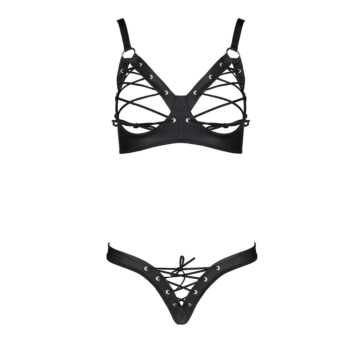 Passion (Польща) Комплект Passion CELINE BIKINI 2XL/3XL black відкритий бра з стрічками стрінги з шнурівкою, екошкіра