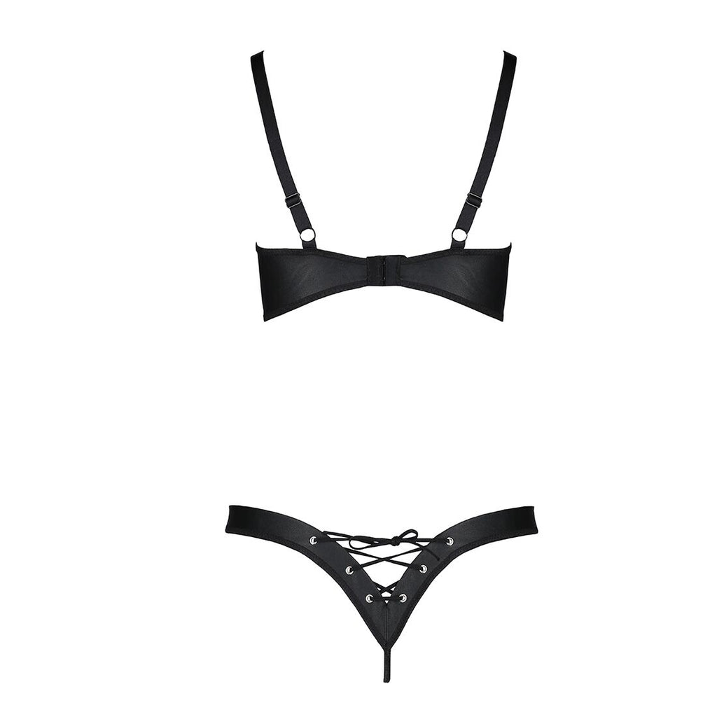 Passion (Польща) Комплект Passion CELINE BIKINI 2XL/3XL black відкритий бра з стрічками стрінги з шнурівкою, екошкіра