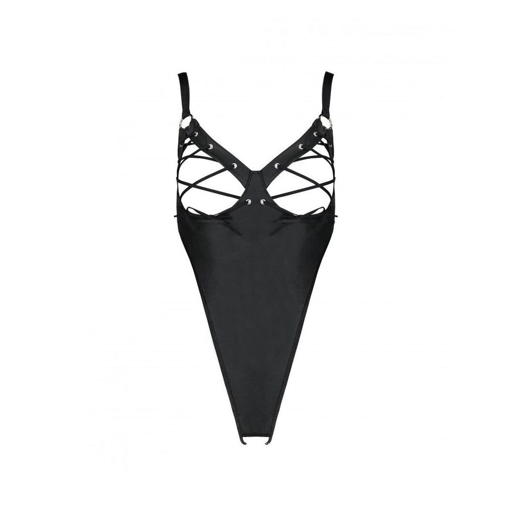 Passion (Польща) Боді з екошкіри Passion CELINE BODY XXL/XXXL, black, з доступом, відкритий