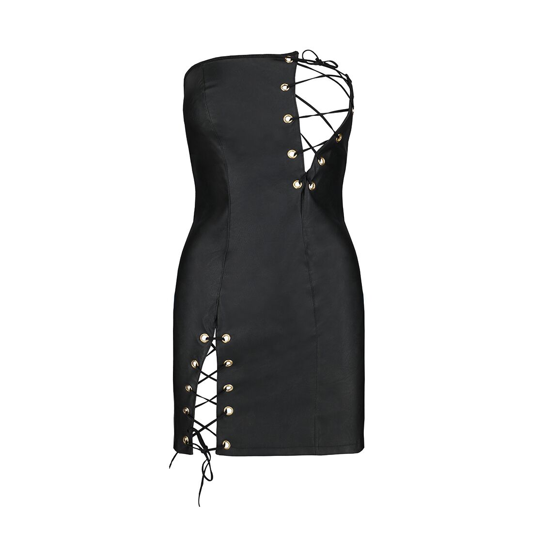 Passion (Польща) Мінісукня з екошкіри Passion CELINE CHEMISE L/XL, black, шнурівка, трусики в комплекті