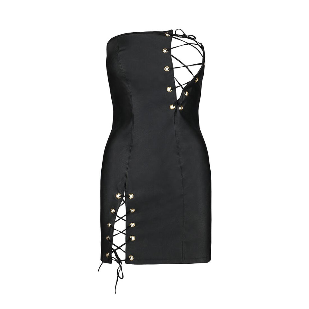 Passion (Польща) Мінісукня з екошкіри Passion CELINE CHEMISE XXL/XXXL, black, шнурівка, трусики в комплекті