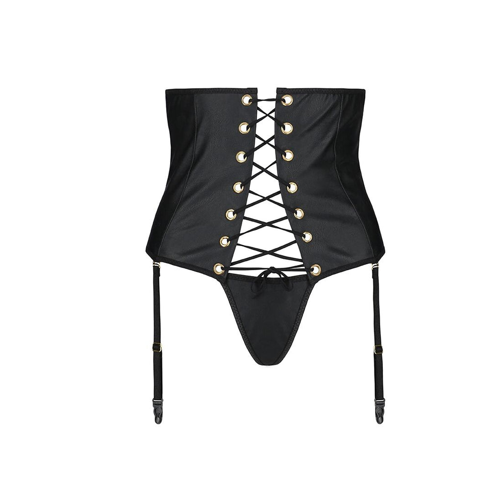 Passion (Польща) Пояс-корсет з екошкіри Passion CELINE SET L/XL, black, шнурівка, знімні пажі для панчіх, стрінги