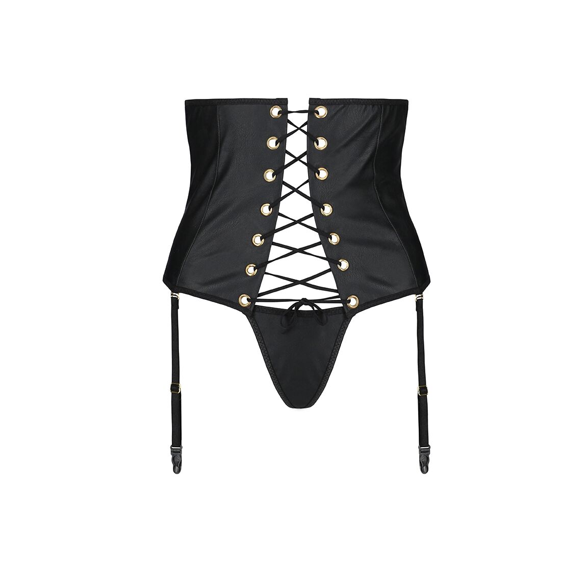 Passion (Польща) Пояс-корсет з екошкіри Passion CELINE SET XXL/XXXL, black шнурівка, знімні пажі для панчіх, стрінги