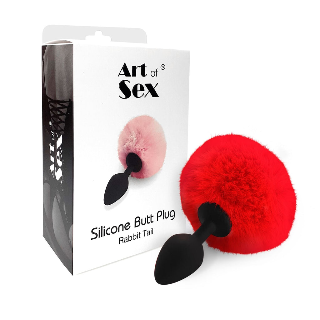 Силіконова анальна пробка М Art of Sex - Silicone Butt plug Rabbit Tail Red, діа
