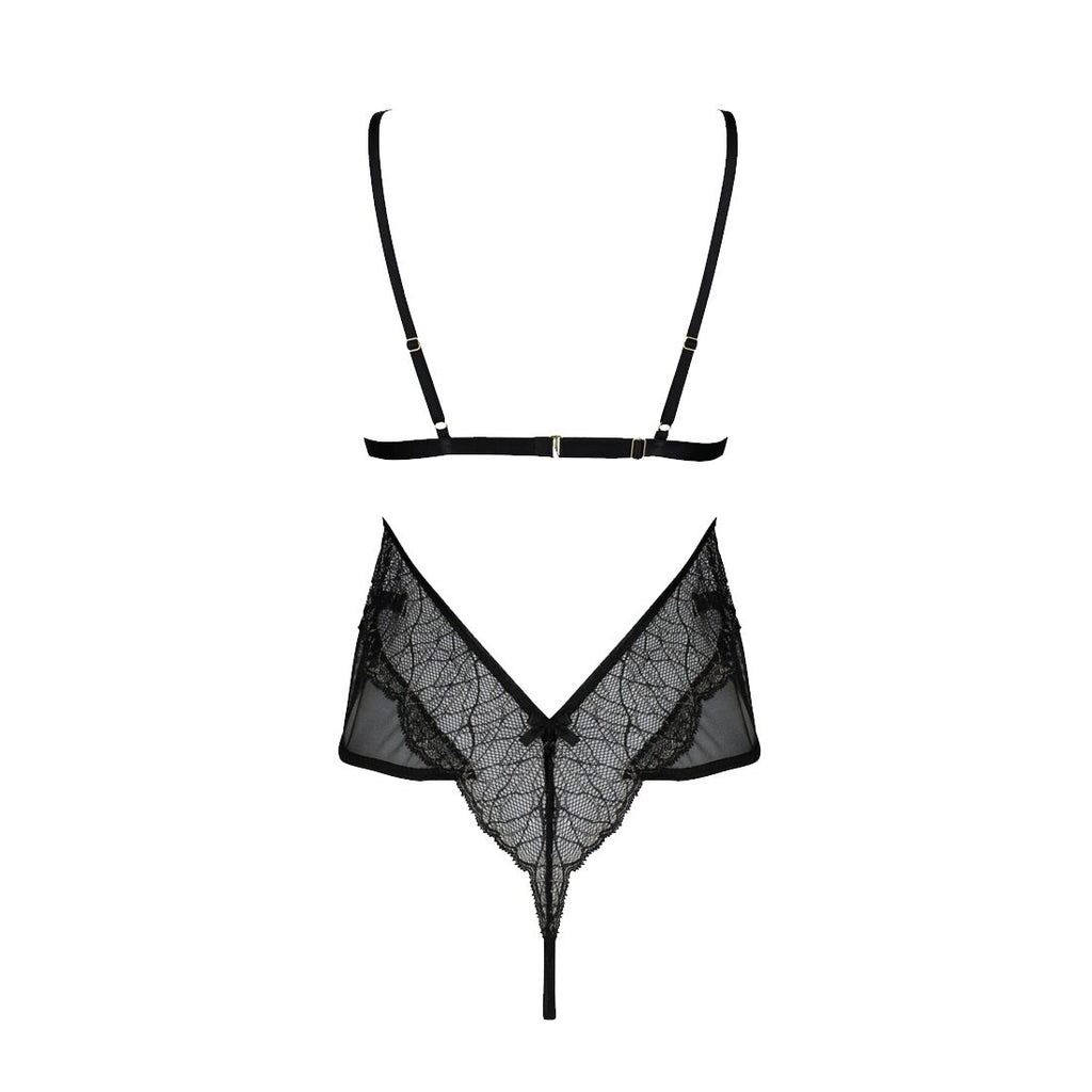 Passion (Польща) Боді Passion AMBERLY BODY 4XL/5XL black, асиметричний крій, мереживний ліф, золота нитка