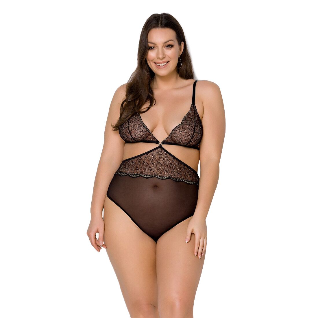 Passion (Польща) Боді Passion AMBERLY BODY 4XL/5XL black, асиметричний крій, мереживний ліф, золота нитка
