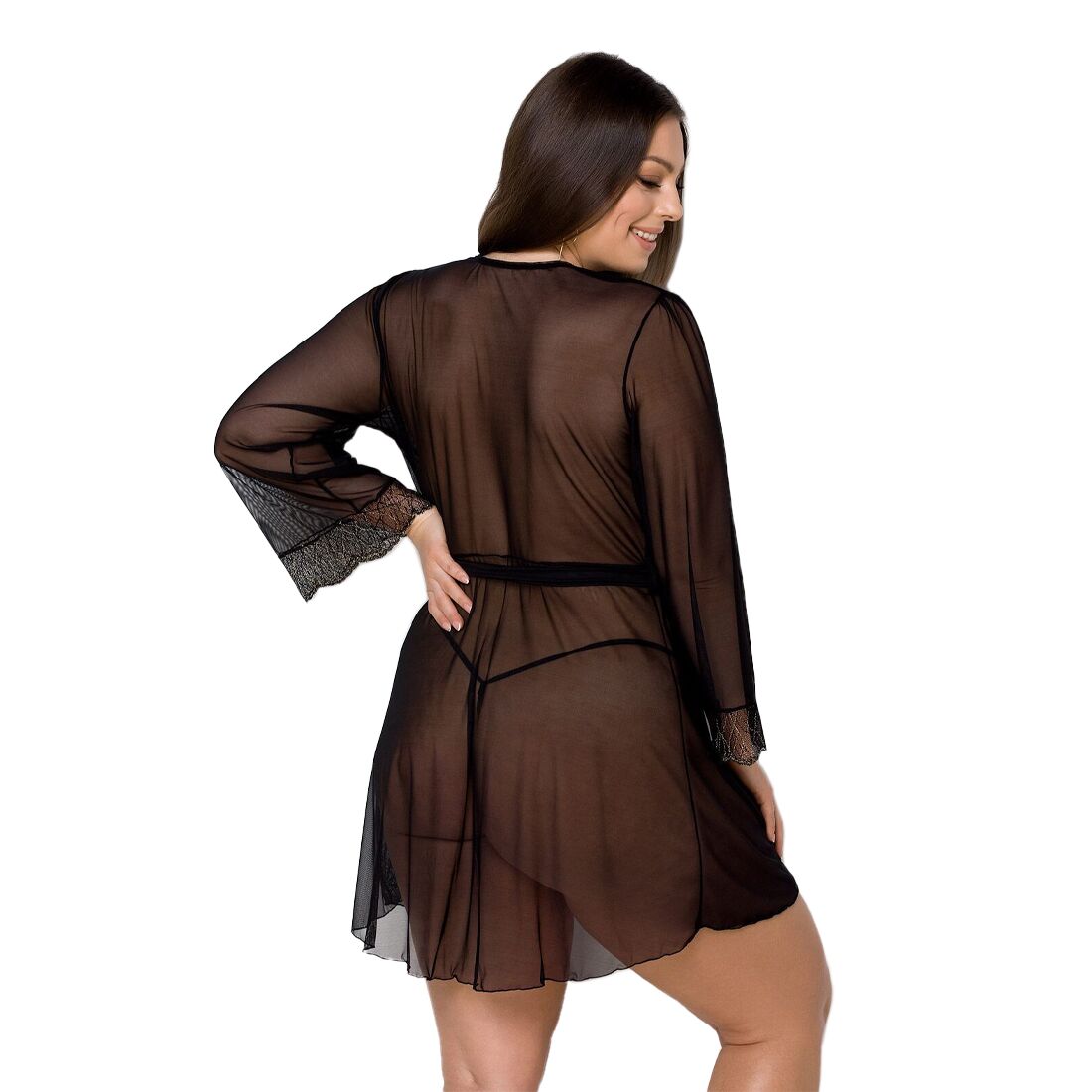 Passion (Польща) Пеньюар Passion AMBERLY PEIGNOIR 4XL/5XL, black, ажурні декольте та манжети, широкі рукави