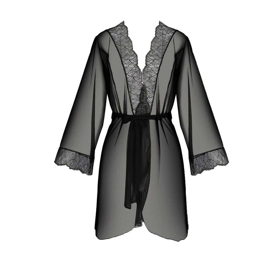 Passion (Польща) Пеньюар Passion AMBERLY PEIGNOIR 6XL/7XL, black, ажурні декольте та манжети, широкі рукави