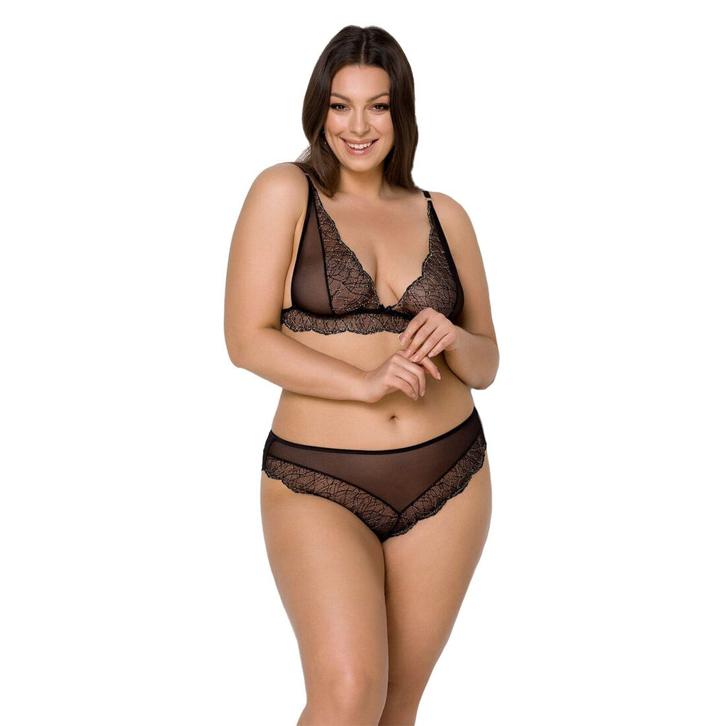 Passion (Польща) Комплект білизни Passion AMBERLY SET 6XL/7XL black, ліф, трусики бразиліана, люрексова нитка
