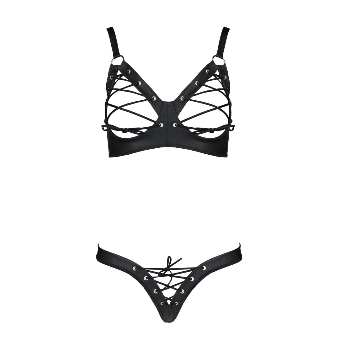 Passion (Польща) Комплект з екошкіри Passion CELINE BIKINI 4XL/5XL black, відкритий бра, стрінги зі шнурівкою