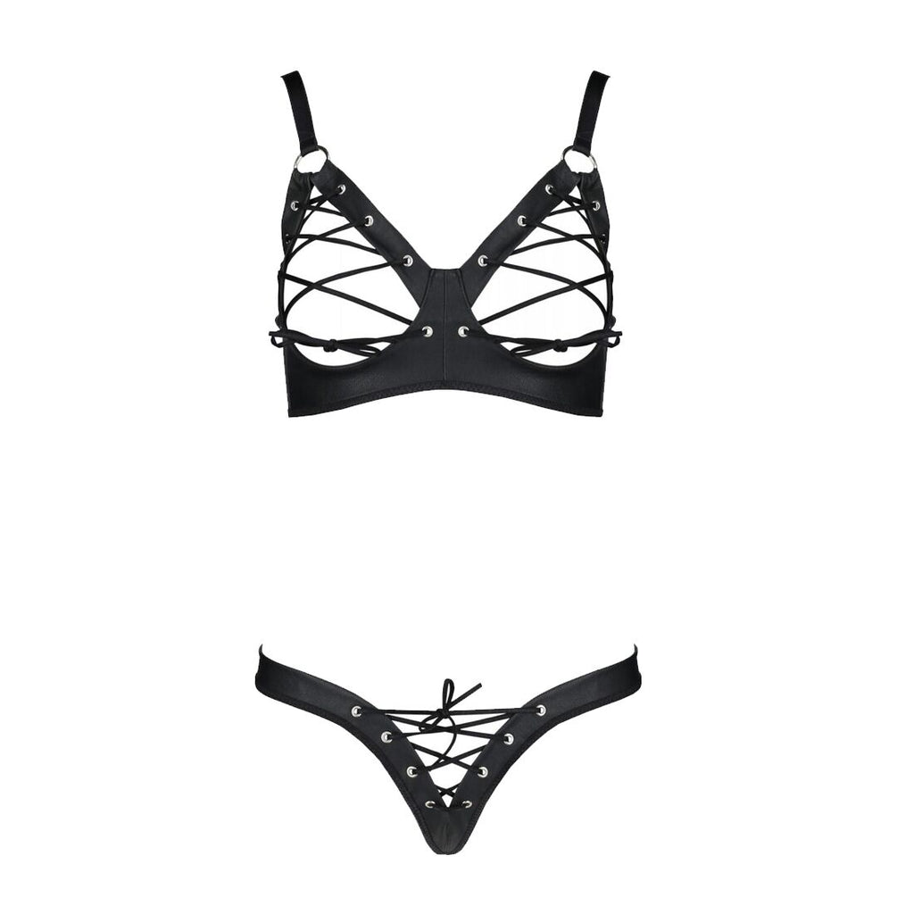 Passion (Польща) Комплект з екошкіри Passion CELINE BIKINI 6XL/7XL black, відкритий бра, стрінги зі шнурівкою
