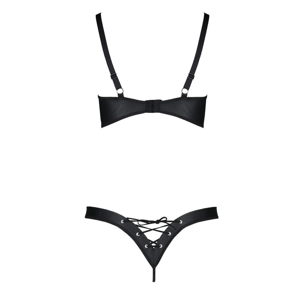 Passion (Польща) Комплект з екошкіри Passion CELINE BIKINI 6XL/7XL black, відкритий бра, стрінги зі шнурівкою