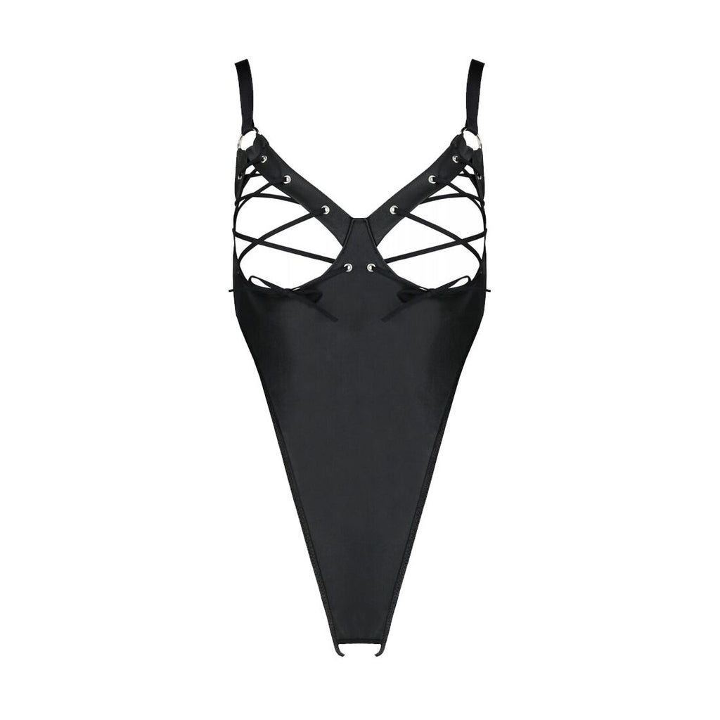 Passion (Польща) Боді з екошкіри Passion CELINE BODY 6XL/7XL black, з доступом, відкритий