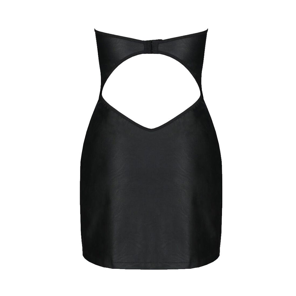 Passion (Польща) Мінісукня з екошкіри Passion CELINE CHEMISE 4XL/5XL, black, шнурівка, трусики в комплекті