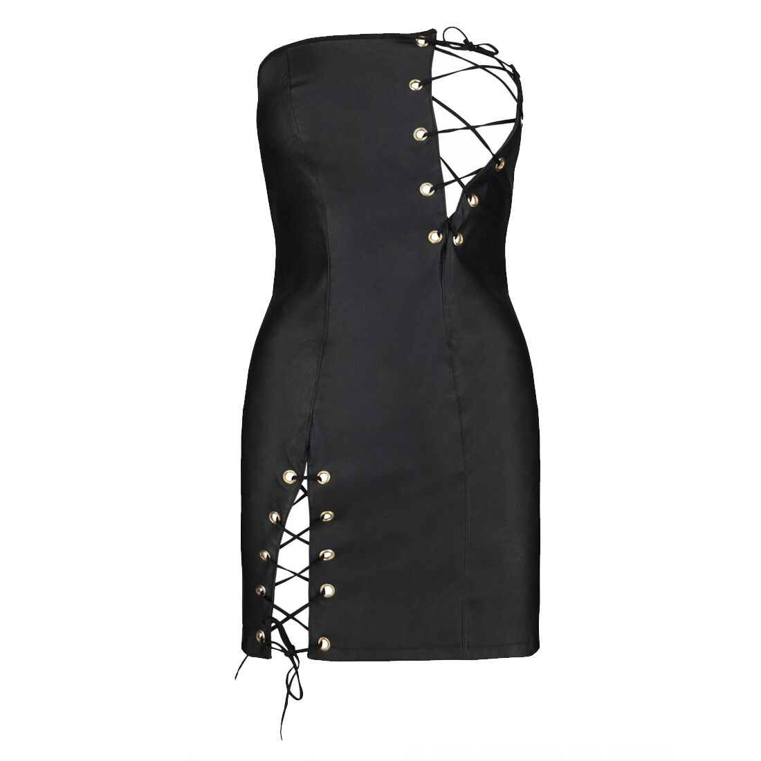 Passion (Польща) Мінісукня з екошкіри Passion CELINE CHEMISE 4XL/5XL, black, шнурівка, трусики в комплекті