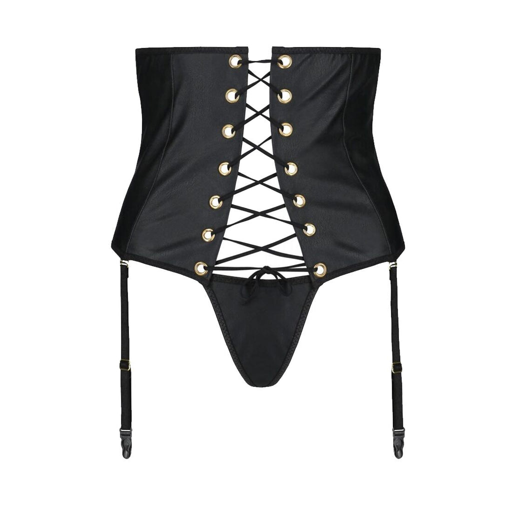 Passion (Польща) Пояс-корсет з екошкіри Passion CELINE SET with Open Bra 6XL/7XL, black, шнурівка, пажі, стрінги