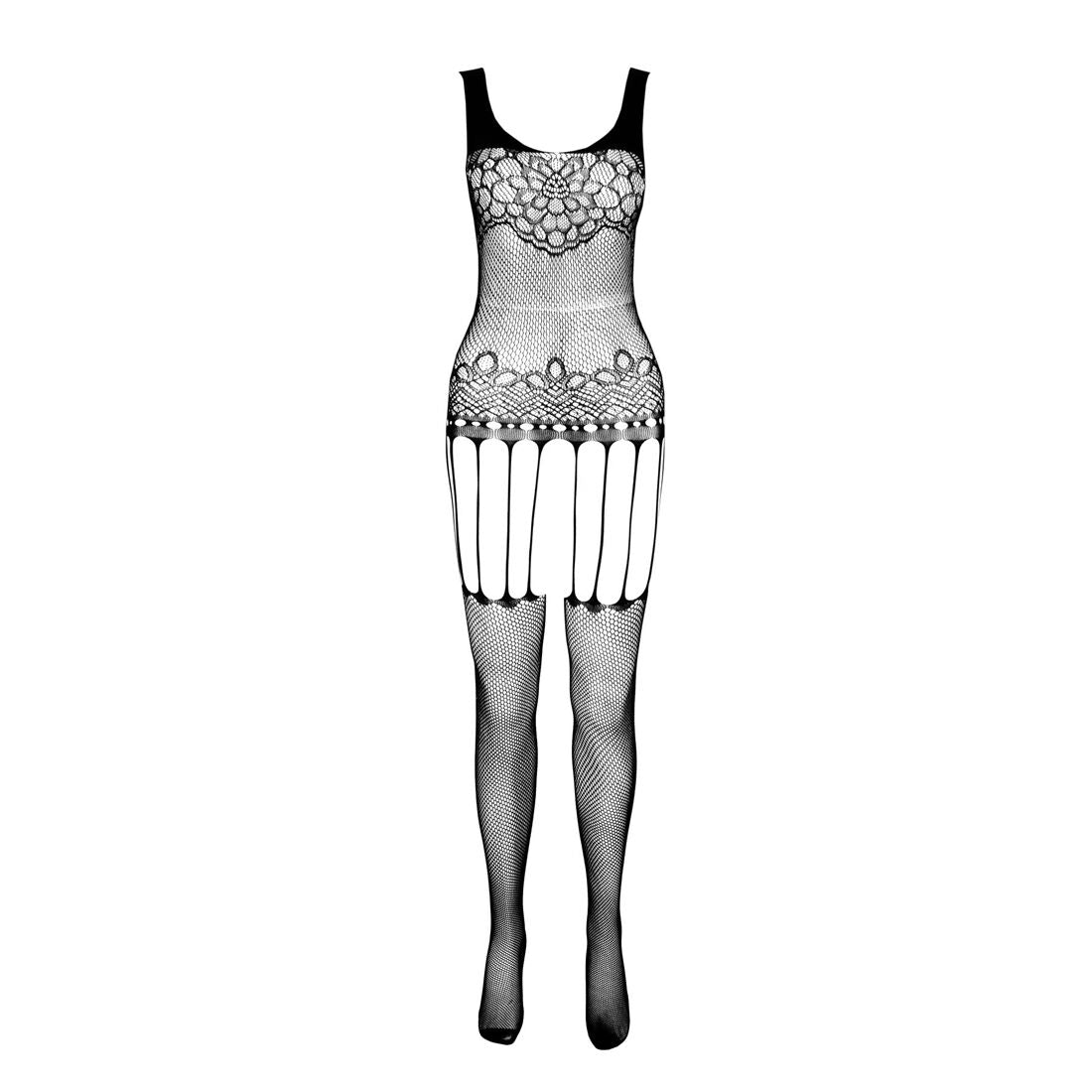 Passion (Польща) Бодістокінг Passion ECO BS001 One Size black, з доступом, імітація підв’язок, флористичний декор