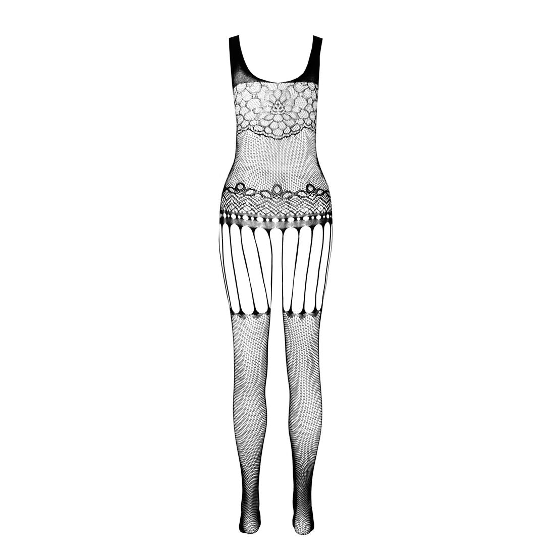 Passion (Польща) Бодістокінг Passion ECO BS001 One Size black, з доступом, імітація підв’язок, флористичний декор