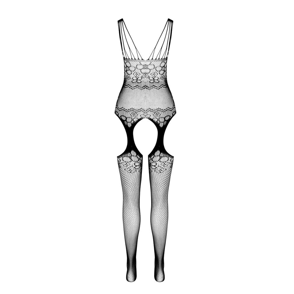 Passion (Польща) Бодістокінг Passion ECO BS004 black, відкритий доступ, імітація підв’язок, квітковий декор