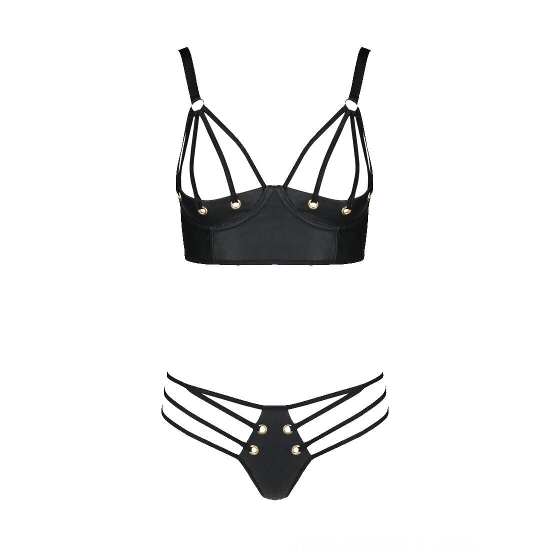 Passion (Польща) Комплект з екошкіри Passion MALWIA BIKINI 4XL/5XL black, з люверсами та ремінцями, бра, трусики