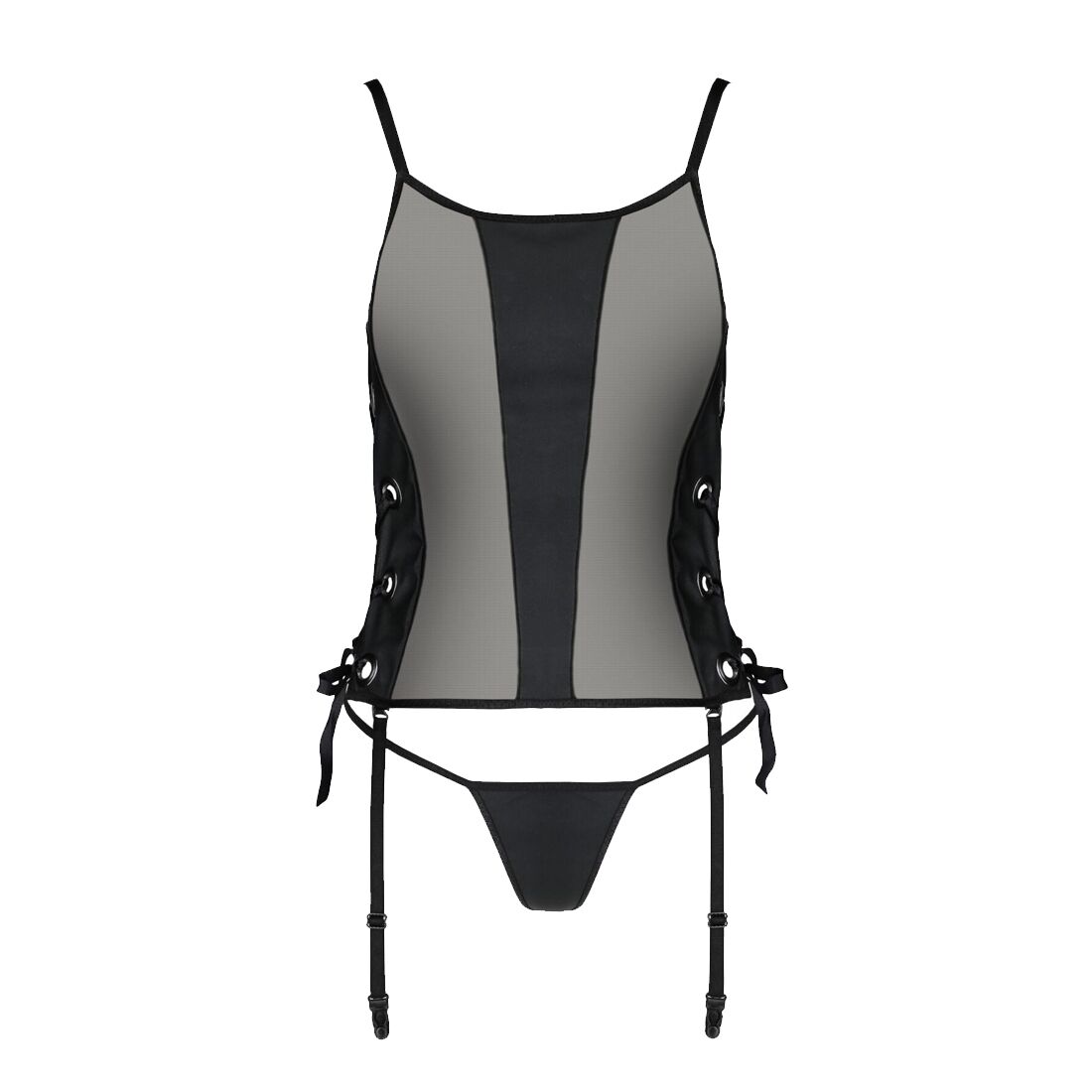 Passion (Польща) Сітчастий корсет з екошкіри Passion MALWIA CORSET 4XL/5XL black, з люверсами та знімними пажами