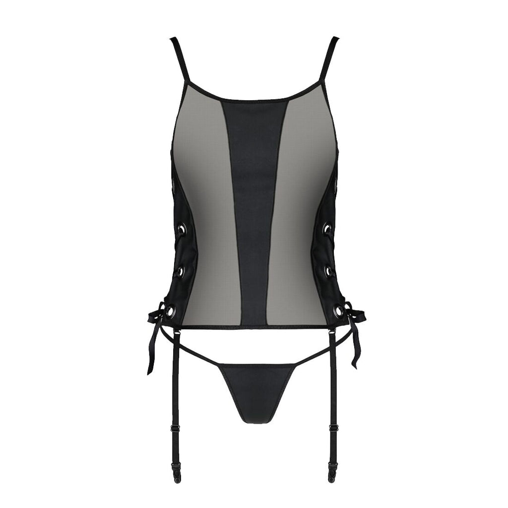 Passion (Польща) Сітчастий корсет з екошкіри Passion MALWIA CORSET 6XL/7XL black, з люверсами та знімними пажами