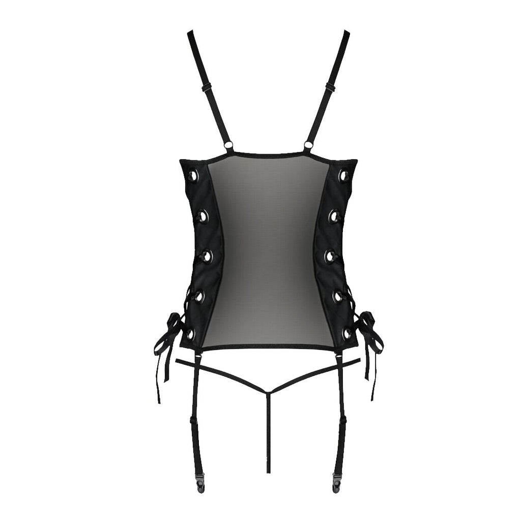 Passion (Польща) Сітчастий корсет з екошкіри Passion MALWIA CORSET 6XL/7XL black, з люверсами та знімними пажами