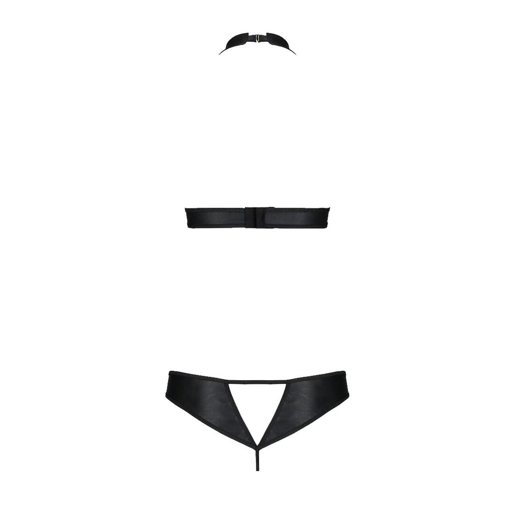 Passion (Польща) Комплект із екошкіри Passion MALWIA SET with Open Bra 4XL/5XL black, топ та трусики з люверсами