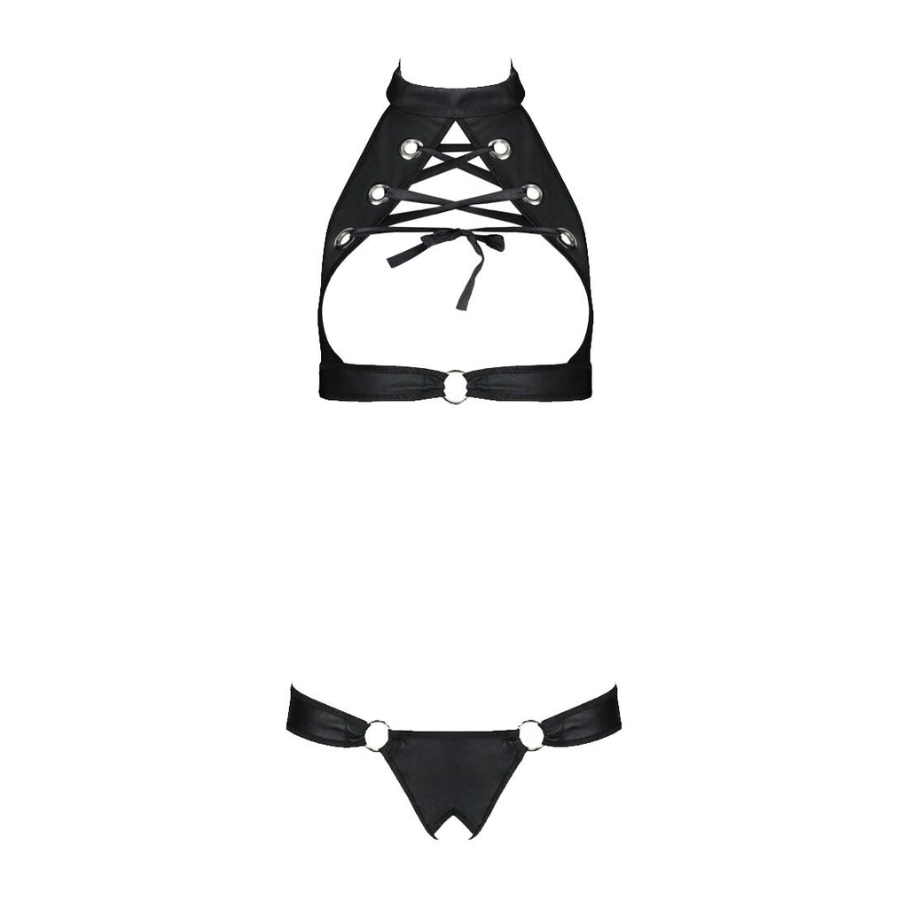 Passion (Польща) Комплект із екошкіри Passion MALWIA SET with Open Bra 6XL/7XL black, топ та трусики з люверсами
