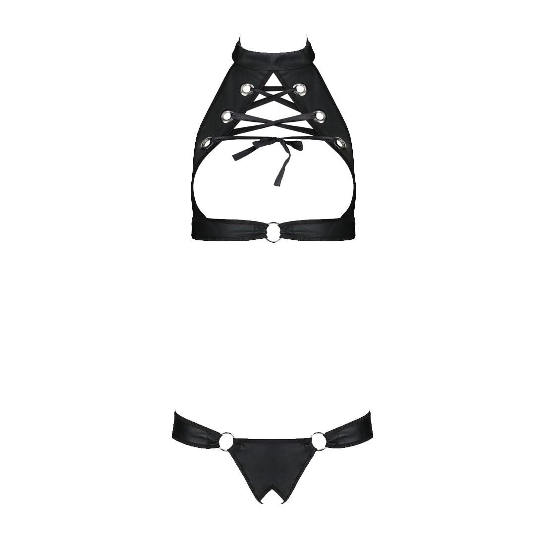 Passion (Польща) Комплект із екошкіри Passion MALWIA SET with Open Bra 6XL/7XL black, топ та трусики з люверсами