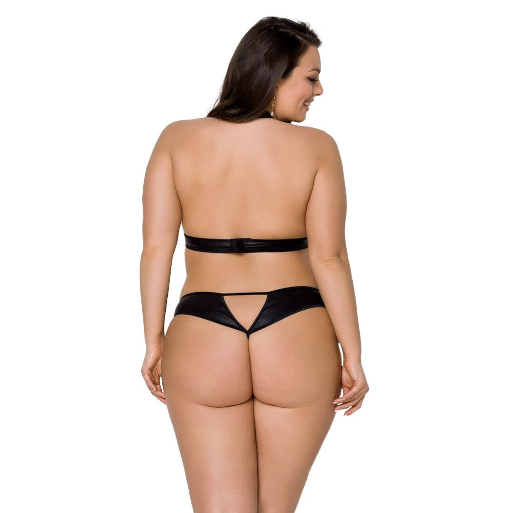 Passion (Польща) Комплект із екошкіри Passion MALWIA SET with Open Bra 6XL/7XL black, топ та трусики з люверсами