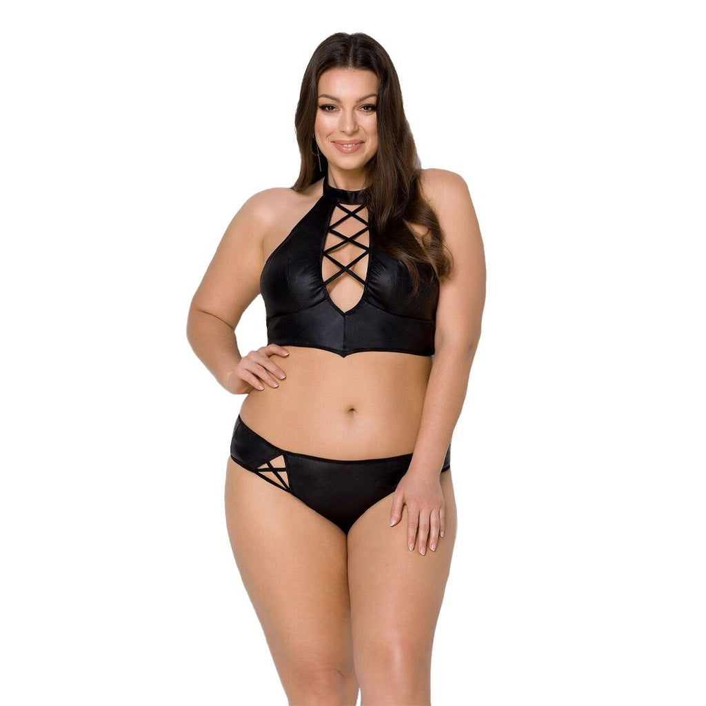 Passion (Польща) Комплект з екошкіри Passion NANCY BIKINI 4XL/5XL black, бра та трусики з імітацією шнурівки