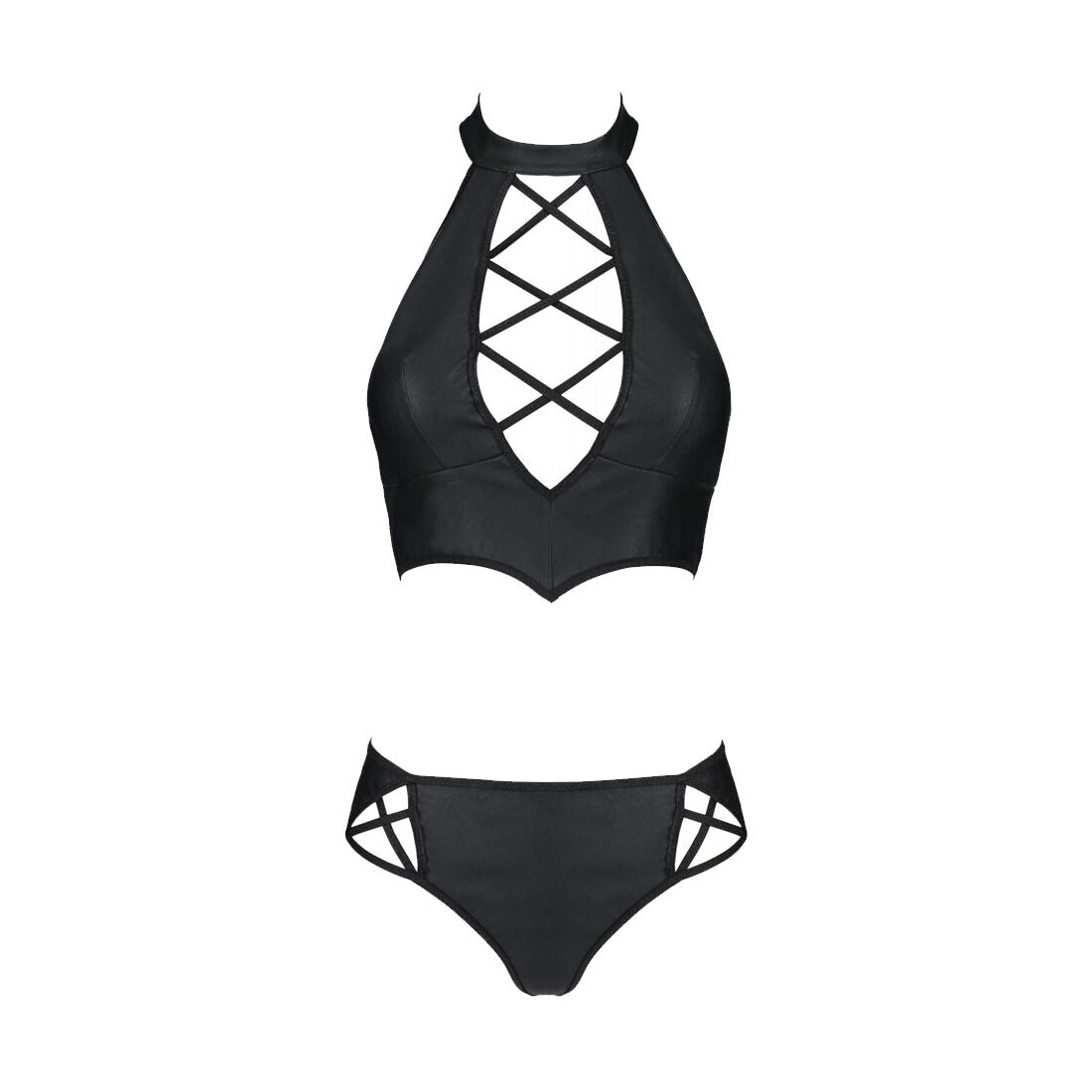 Passion (Польща) Комплект з екошкіри Passion NANCY BIKINI 4XL/5XL black, бра та трусики з імітацією шнурівки