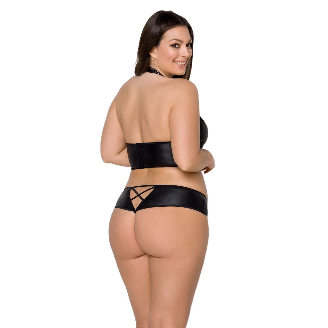 Passion (Польща) Комплект з екошкіри Passion NANCY BIKINI 6XL/7XL black, бра та трусики з імітацією шнурівки