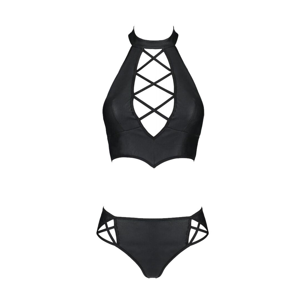 Passion (Польща) Комплект з екошкіри Passion NANCY BIKINI 6XL/7XL black, бра та трусики з імітацією шнурівки