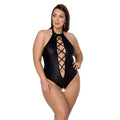 Passion (Польща) Боді з екошкіри Passion NANCY BODY 4XL/5XL black, з імітацією шнурівки та відкритим доступом