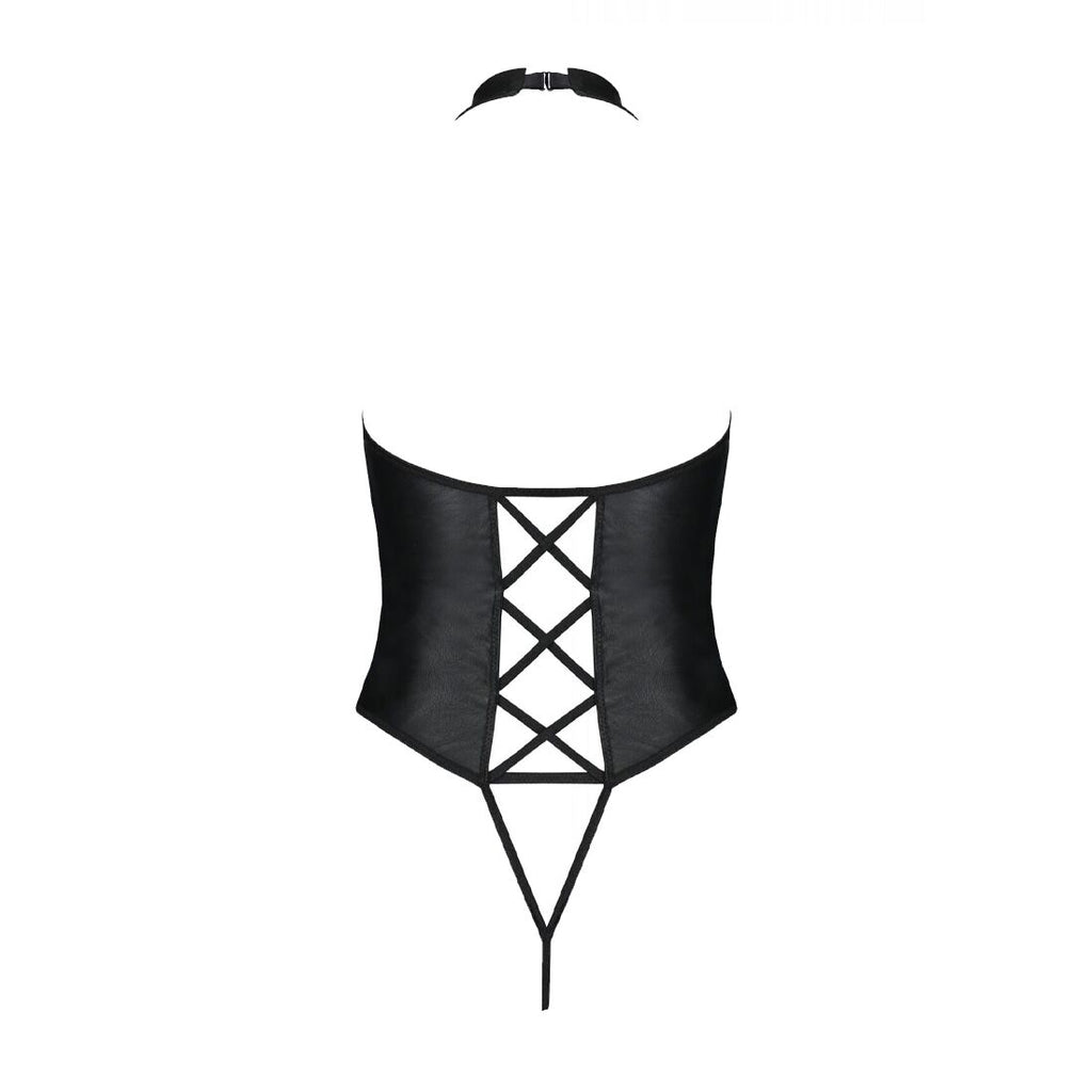 Passion (Польща) Боді з екошкіри Passion NANCY BODY 6XL/7XL black, з імітацією шнурівки та відкритим доступом