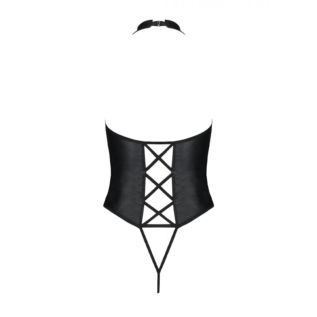 Passion (Польща) Боді з екошкіри Passion NANCY BODY 6XL/7XL black, з імітацією шнурівки та відкритим доступом