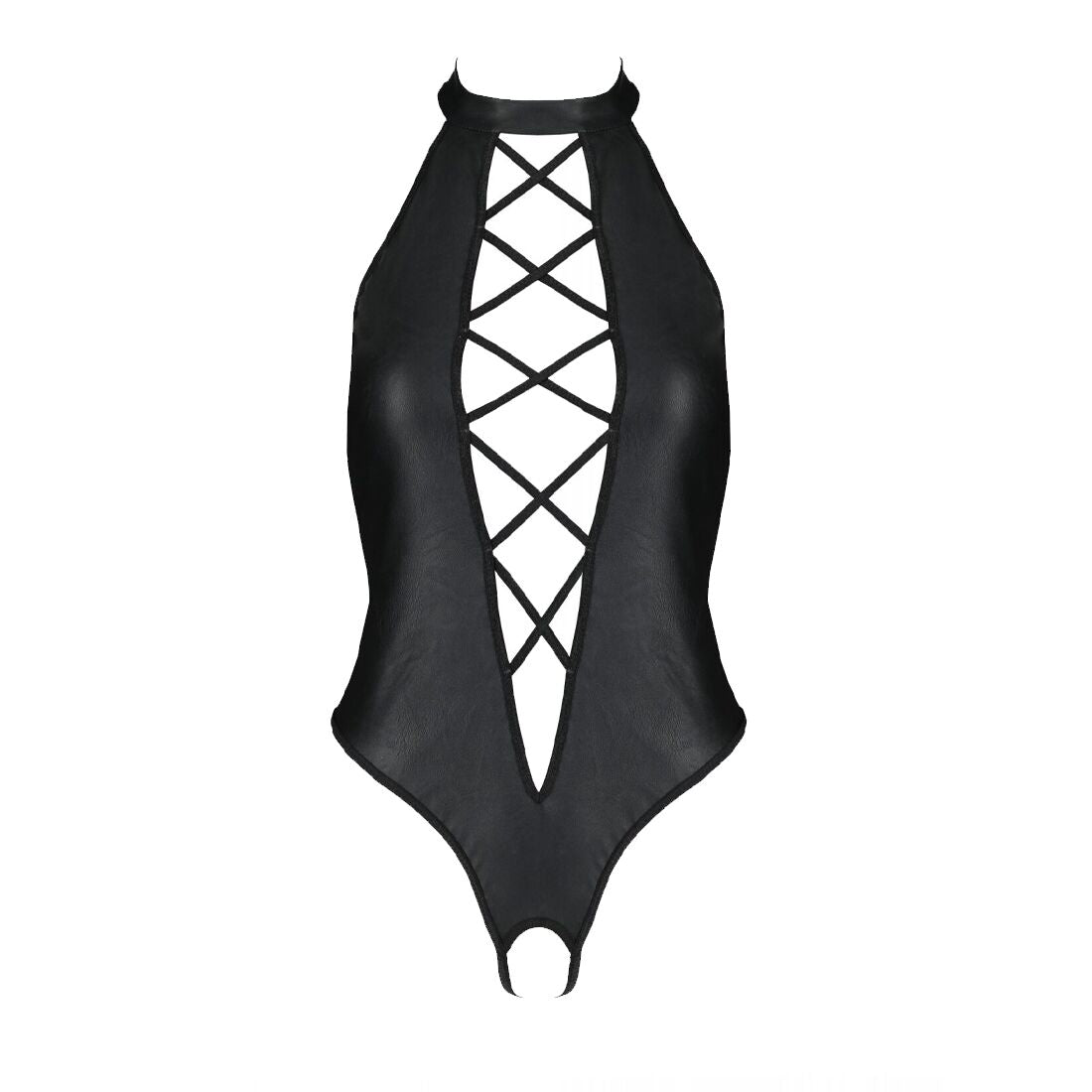 Passion (Польща) Боді з екошкіри Passion NANCY BODY 6XL/7XL black, з імітацією шнурівки та відкритим доступом