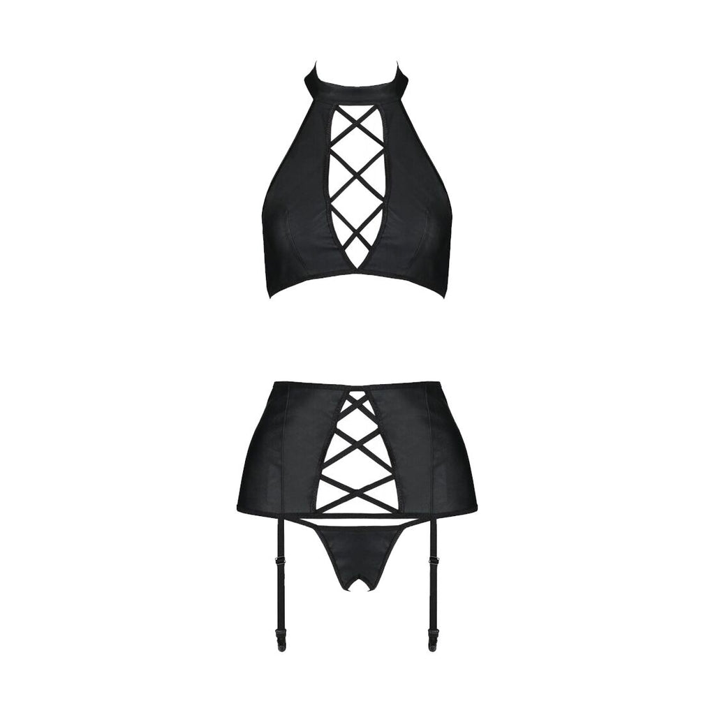 Passion (Польща) Комплект з екошкіри Passion NANCY SET 4XL/5XL black, імітація шнурівки, топ, пояс для панчіх