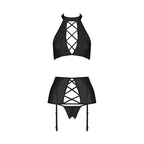 Комплект з екошкіри Passion NANCY SET 4XL/5XL black, імітація шнурівки, топ, пояс для панчіх