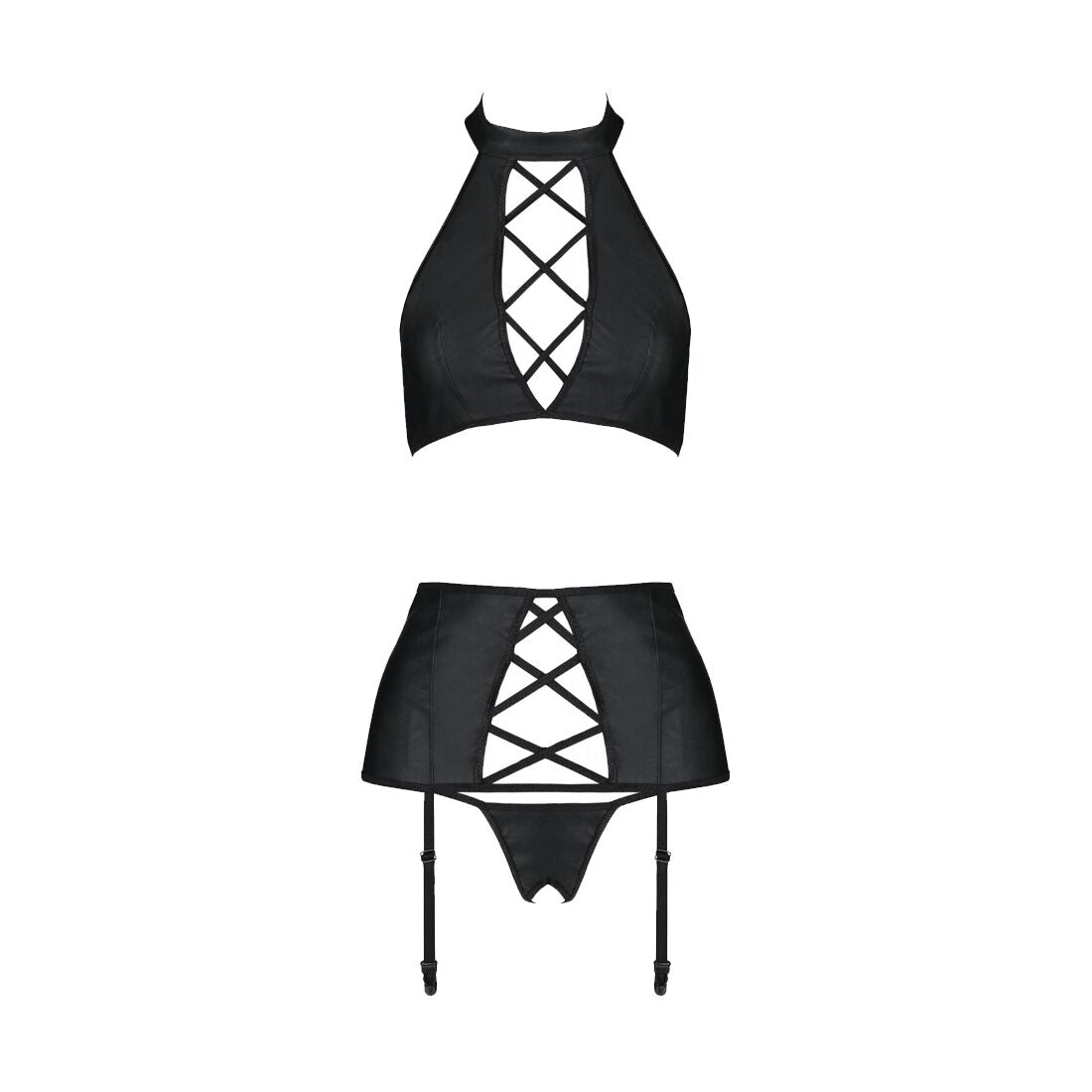 Passion (Польща) Комплект з екошкіри Passion NANCY SET 4XL/5XL black, імітація шнурівки, топ, пояс для панчіх
