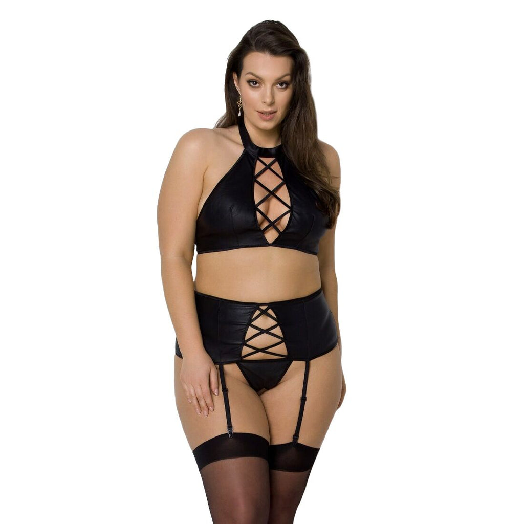 Passion (Польща) Комплект із екошкіри Passion NANCY SET 6XL/7XL black, імітація шнурівки, топ, пояс для панчіх
