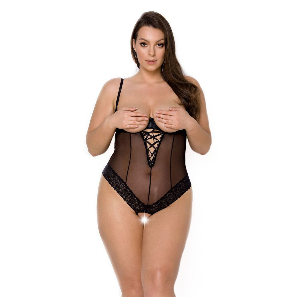Passion (Польща) Боді Passion Exclusive NORTH BODY 4XL/5XL black, відкриті груди, з доступом, вініл та мережива