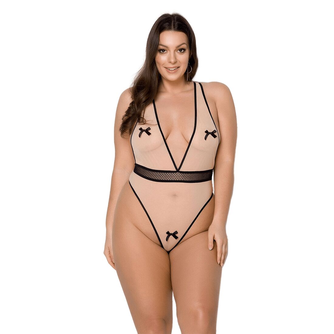 Passion (Польща) Боді Passion VIENA BODY 4XL/5XL, beige, контрастне, бантики, вставка-сітка, відкриті сідниці