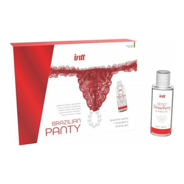 Intt (Бразилия-Португалия) Набір Intt BRAZILIAN PANTY RED: трусики на резинці S-XL з перлинним кільцем + полунична змазка